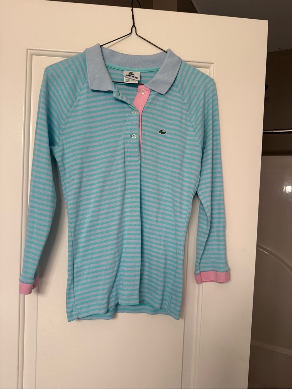 Lacoste Light Blue & Pink Long-Sleeve Striped Polo Top
